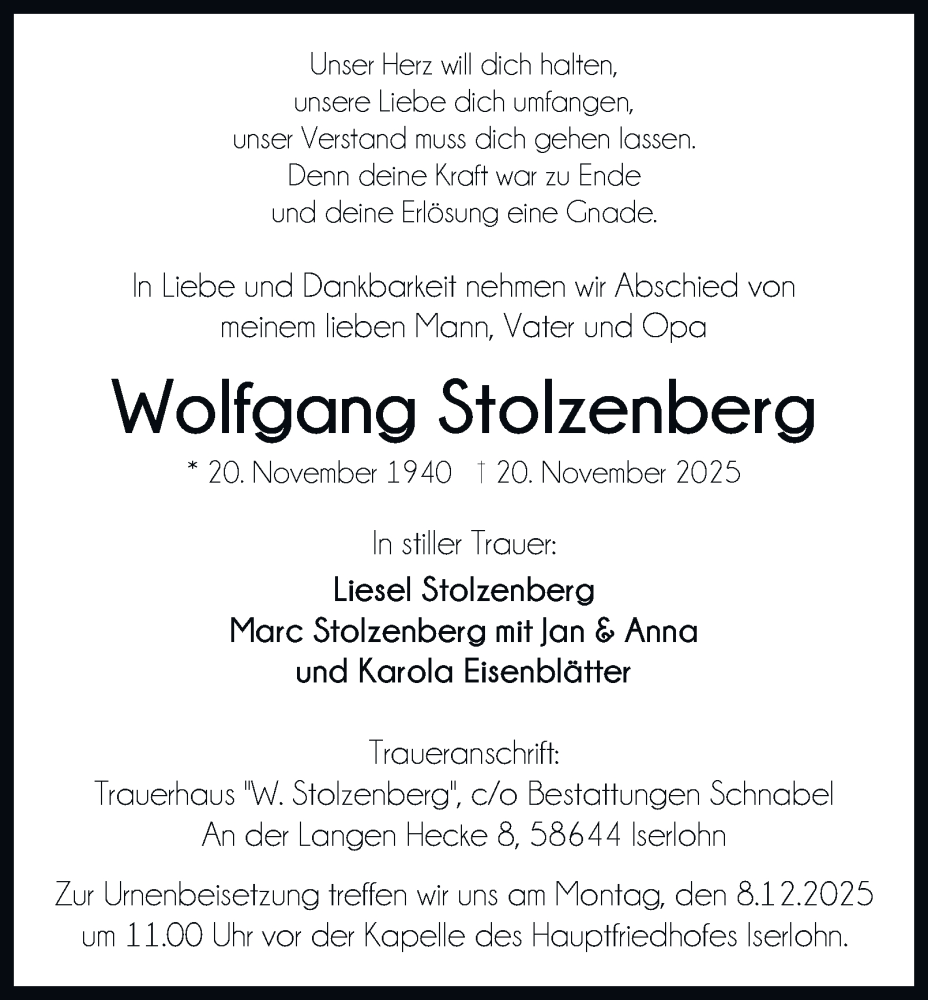  Traueranzeige für Wolfgang Stolzenberg vom 29.11.2025 aus Tageszeitung