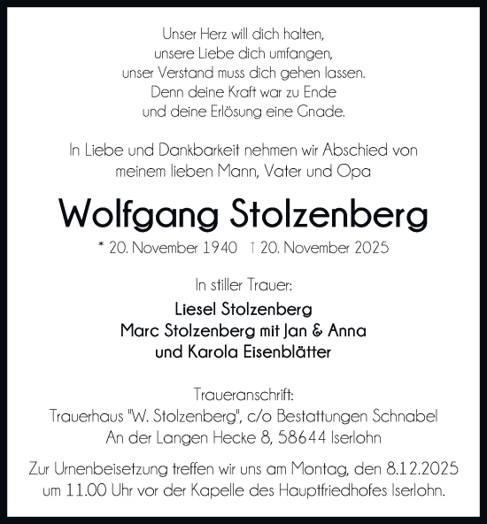 Traueranzeige von Wolfgang Stolzenberg von Tageszeitung