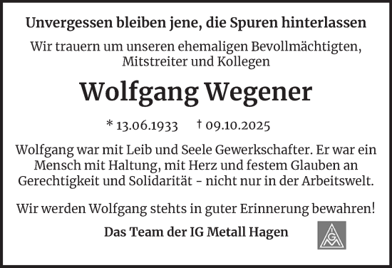 Traueranzeige von Wolfgang Wegener von Tageszeitung