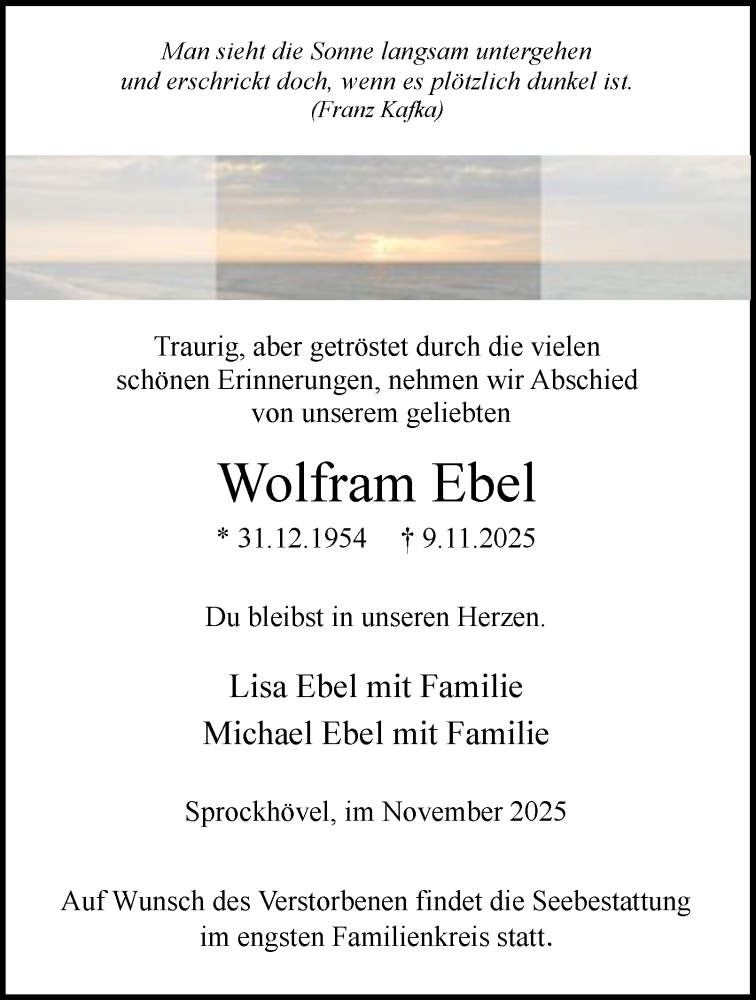  Traueranzeige für Wolfram Ebel vom 29.11.2025 aus Tageszeitung