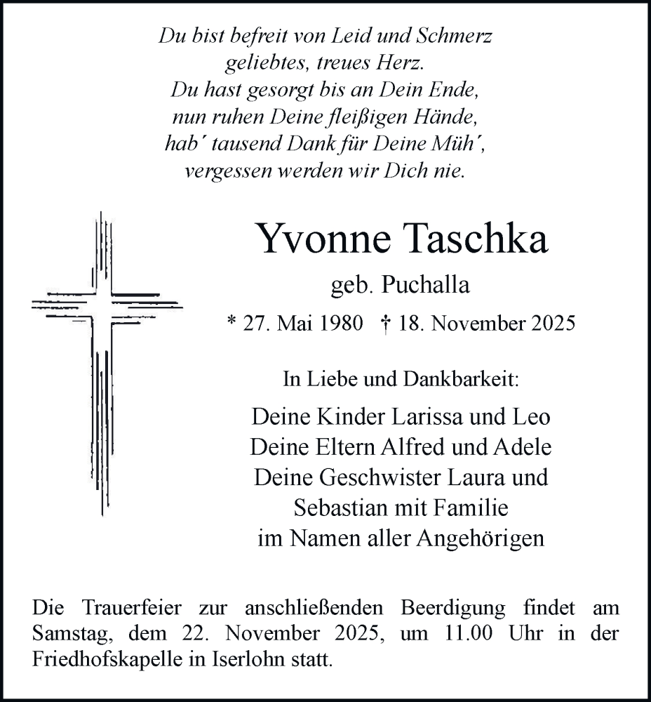  Traueranzeige für Yvonne Taschka vom 21.11.2025 aus Tageszeitung