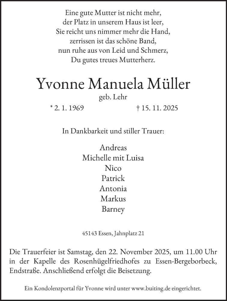  Traueranzeige für Yvonne Manuela Müller vom 21.11.2025 aus Tageszeitung