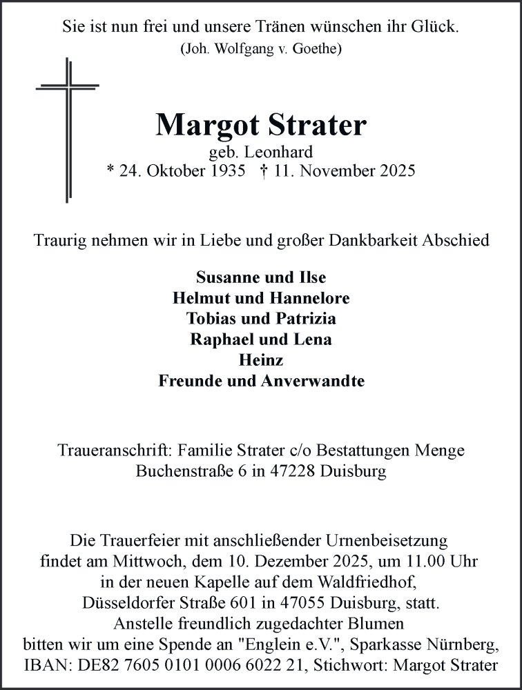  Traueranzeige für Margot Strater vom 22.11.2025 aus FUNKE Medien NRW GmbH