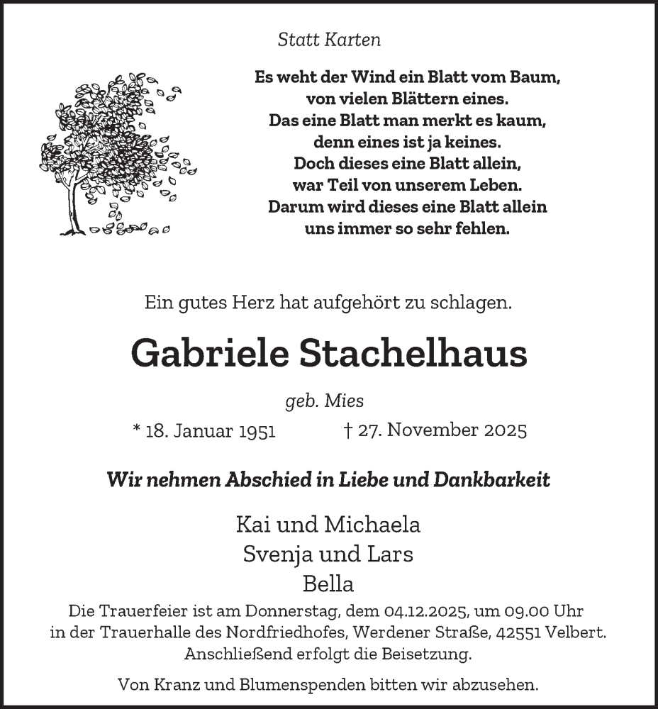  Traueranzeige für Gabriele Stachelhaus vom 03.12.2025 aus Tageszeitung