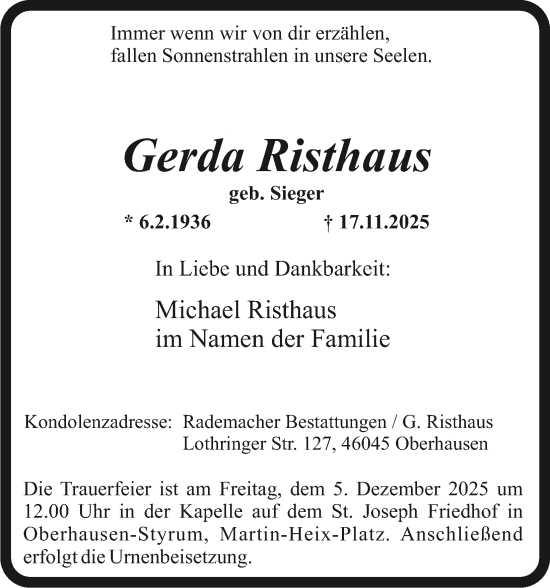 Traueranzeige von Gerda Risthaus von Tageszeitung