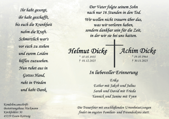 Traueranzeige von Achim Dicke von Tageszeitung