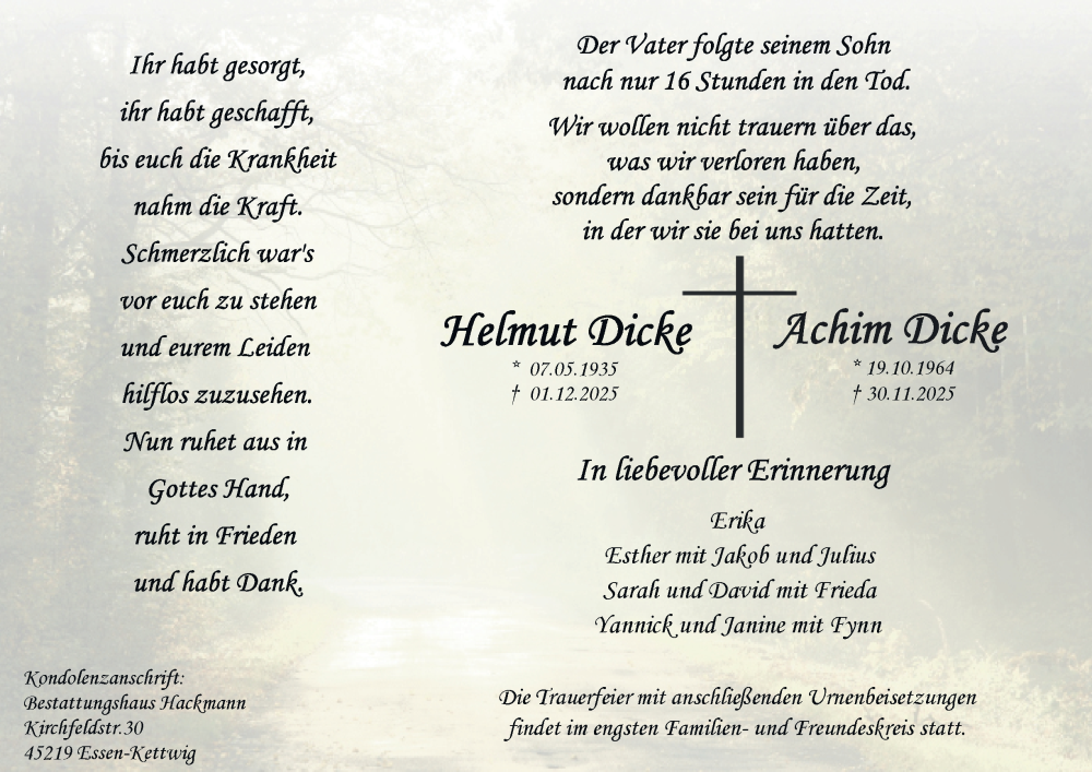  Traueranzeige für Achim Dicke vom 13.12.2025 aus Tageszeitung