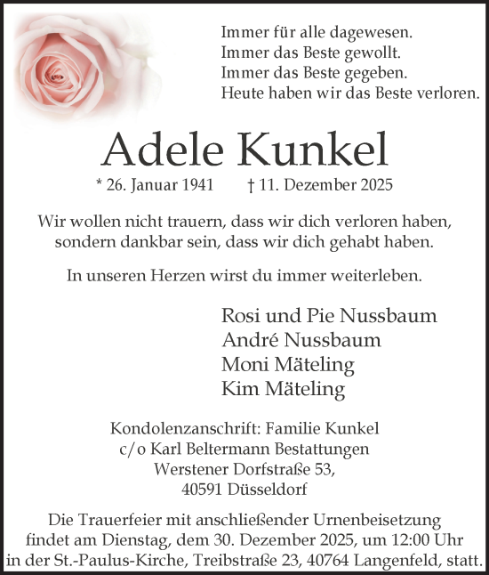 Traueranzeige von Adele Kunkel von Tageszeitung