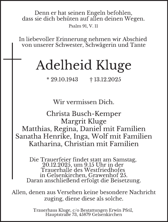 Traueranzeige von Adelheid Kluge von Tageszeitung