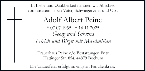 Traueranzeige von Adolf Albert Peine von Tageszeitung