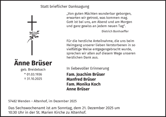 Traueranzeige von Änne Brüser von Tageszeitung
