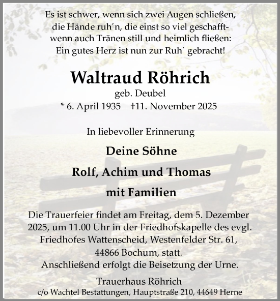 Traueranzeige von Waltraud Röhrich von Tageszeitung