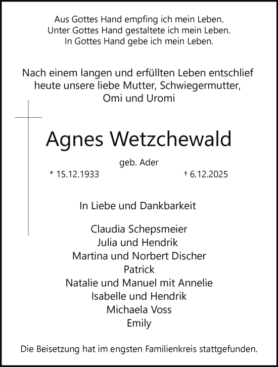 Traueranzeige von Agnes Wetzchewald von Tageszeitung