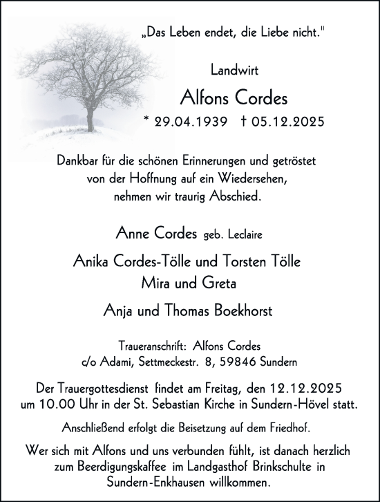 Traueranzeige von Alfons Cordes von Tageszeitung