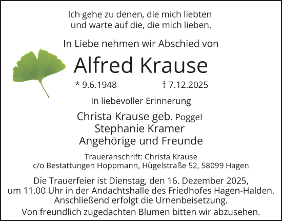 Traueranzeige von Alfred Krause von Tageszeitung