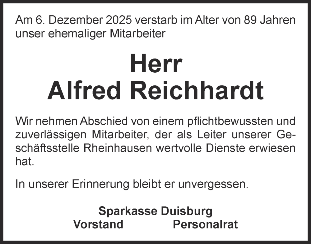  Traueranzeige für Alfred Reichhardt vom 24.12.2025 aus Tageszeitung