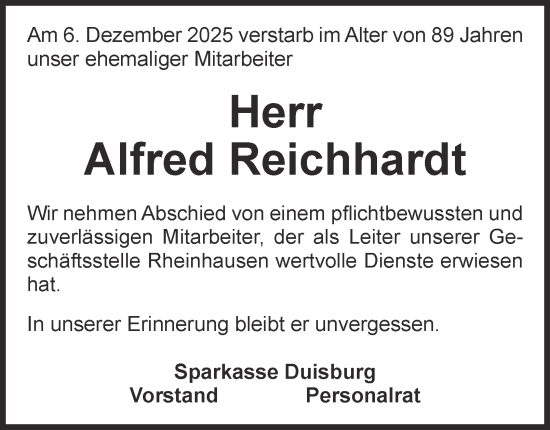 Traueranzeige von Alfred Reichhardt von Tageszeitung