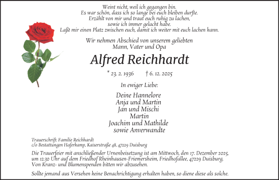 Traueranzeige von Alfred Reichhardt von Tageszeitung