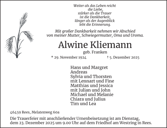 Traueranzeige von Alwine Kliemann von Tageszeitung