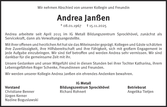 Traueranzeige von Andrea Janßen von Tageszeitung