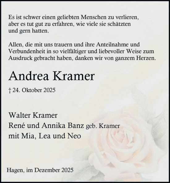 Traueranzeige von Andrea Kramer von Tageszeitung