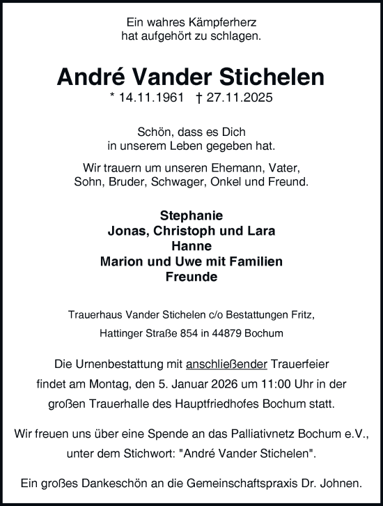 Traueranzeige von André Vander Stichelen von Tageszeitung
