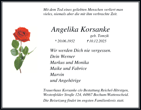 Traueranzeige von Angelika Korsanke von Tageszeitung
