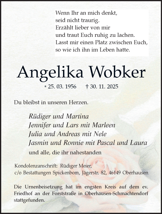 Traueranzeige von Angelika Wobker von Tageszeitung