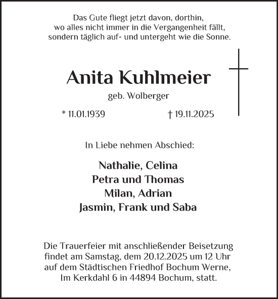 Traueranzeige von Anita Kuhlmeier von Tageszeitung