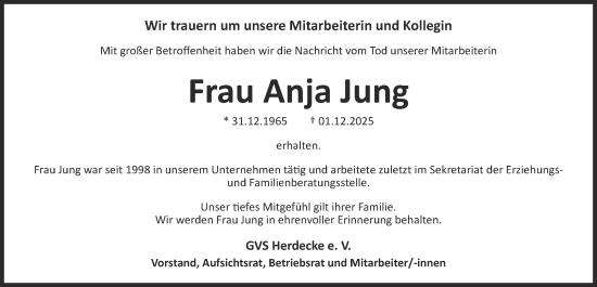 Traueranzeige von Anja Jung von Tageszeitung