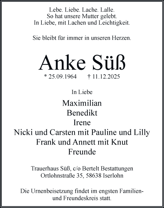 Traueranzeige von Anke Süß von Tageszeitung