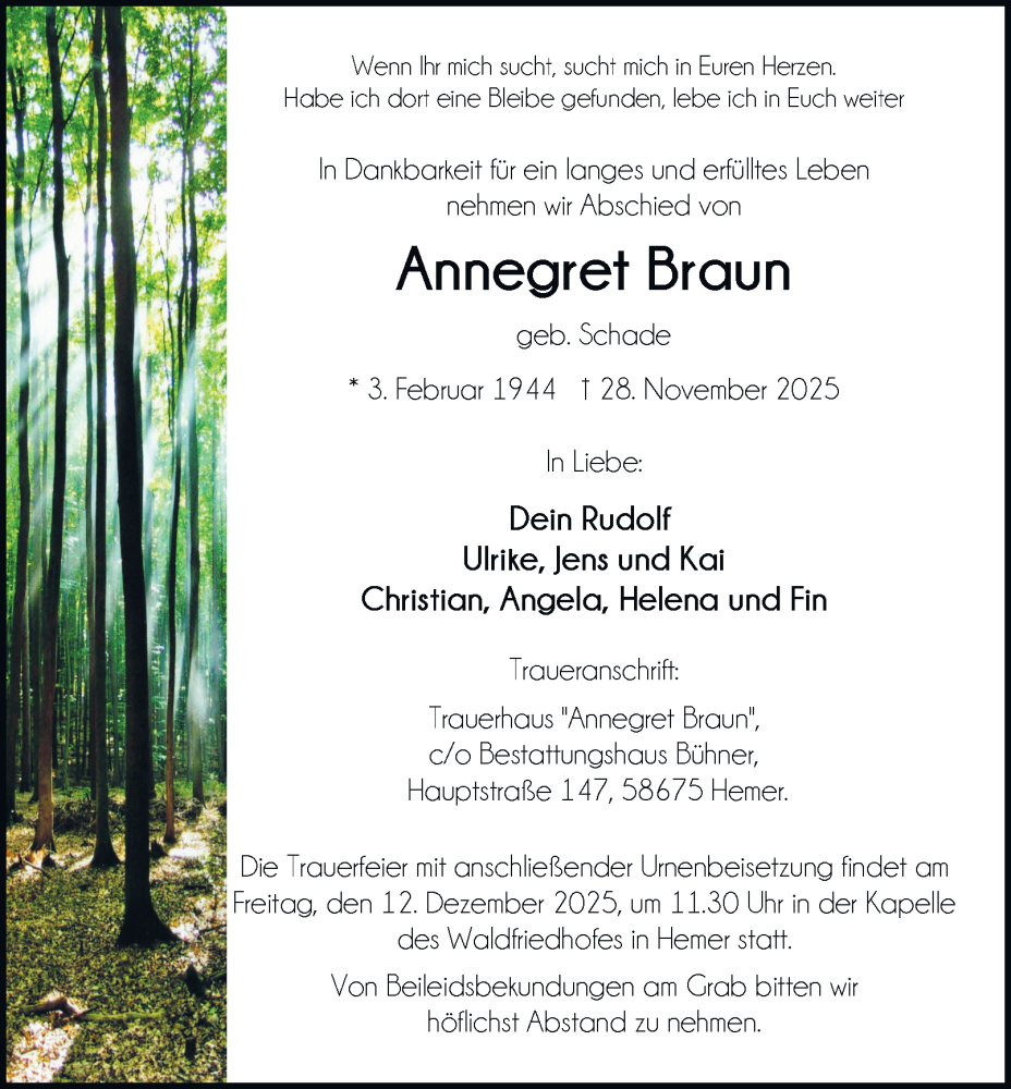  Traueranzeige für Annegret Braun vom 06.12.2025 aus Tageszeitung