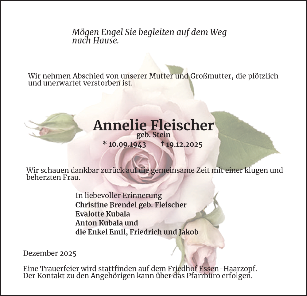  Traueranzeige für Annelie Fleischer vom 31.12.2025 aus Tageszeitung