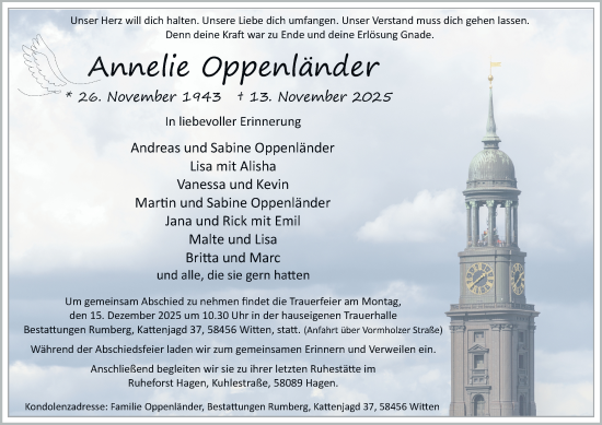 Traueranzeige von Annelie Oppenländer von Tageszeitung