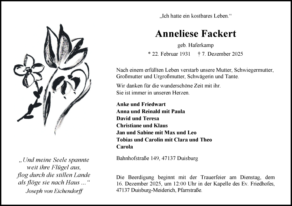  Traueranzeige für Anneliese Fackert vom 13.12.2025 aus Tageszeitung