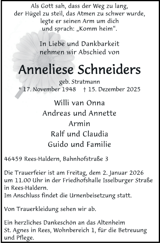 Traueranzeige von Anneliese Schneiders von Tageszeitung