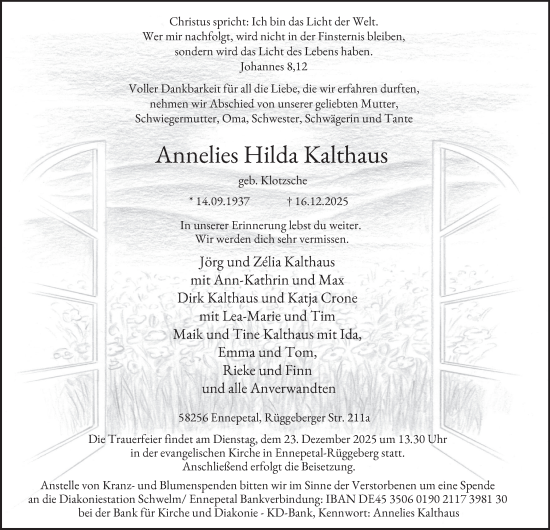 Traueranzeige von Annelies Hilda Kalthaus von Tageszeitung