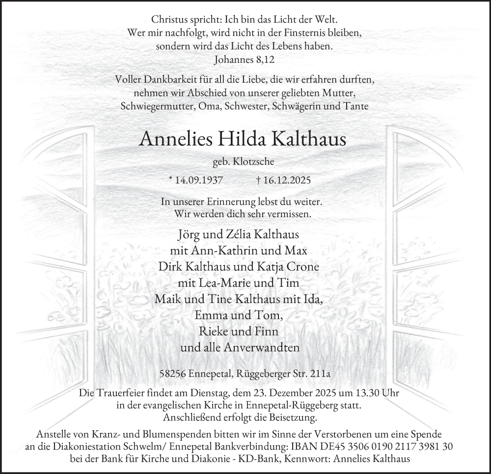  Traueranzeige für Annelies Hilda Kalthaus vom 20.12.2025 aus Tageszeitung