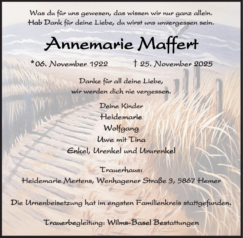  Traueranzeige für Annemarie Maffert vom 06.12.2025 aus Tageszeitung