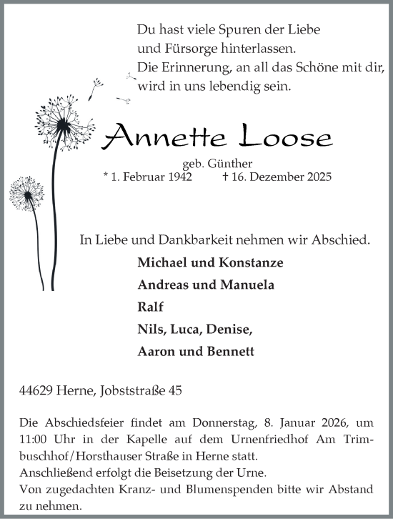 Traueranzeige von Annette Loose von Tageszeitung
