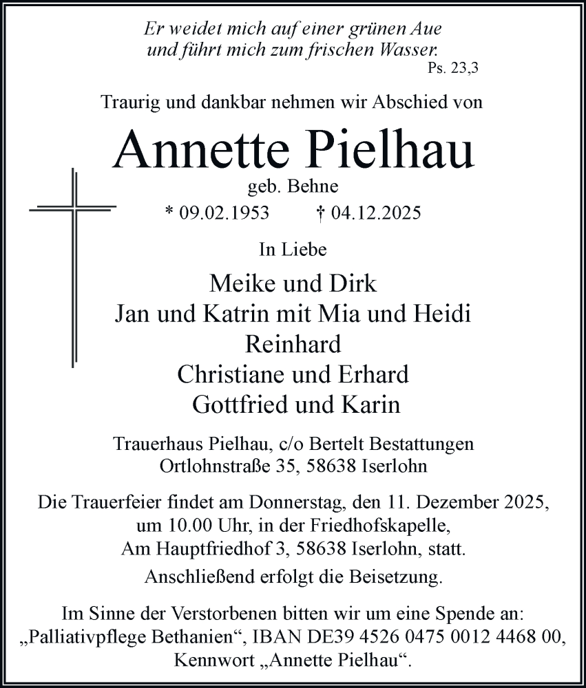  Traueranzeige für Annette Pielhau vom 06.12.2025 aus Tageszeitung
