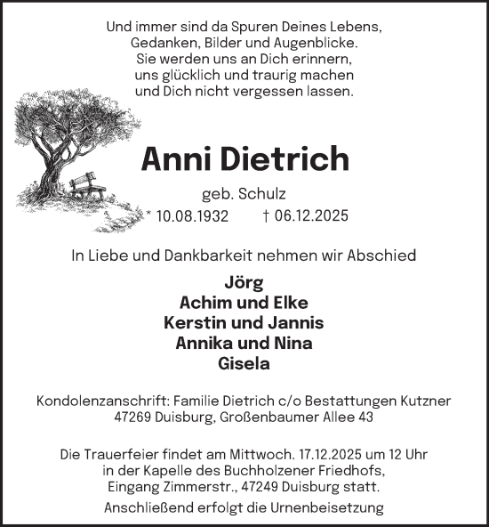 Traueranzeige von Anni Dietrich von Tageszeitung