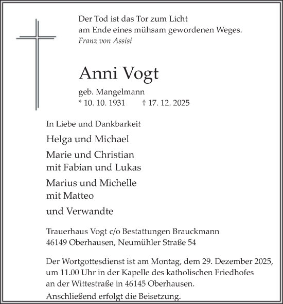 Traueranzeige von Anni Vogt von Tageszeitung