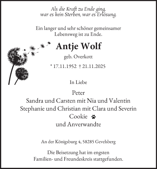 Traueranzeige von Antje Wolf von Tageszeitung