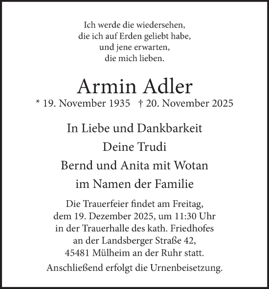 Traueranzeige von Armin Adler von Tageszeitung