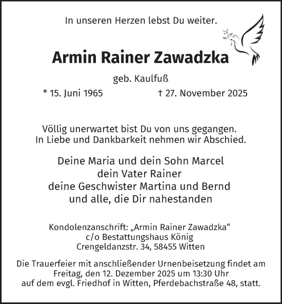 Traueranzeige von Armin Rainer Zawadzka von Tageszeitung