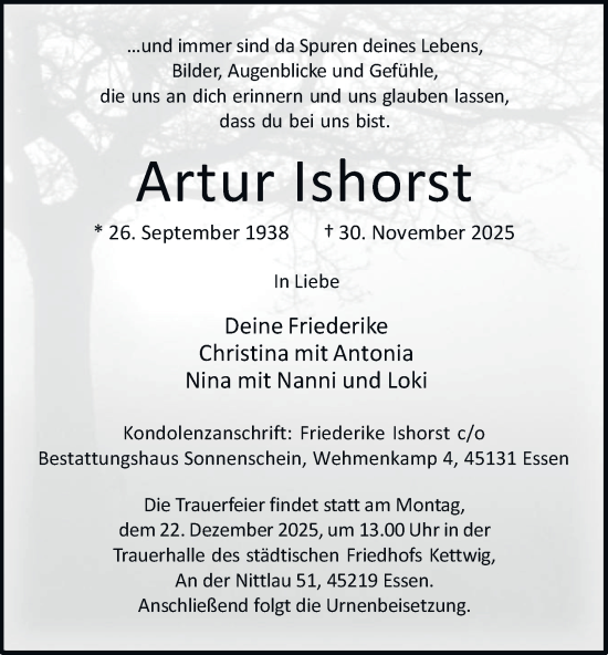 Traueranzeige von Artur Ishorst von Tageszeitung