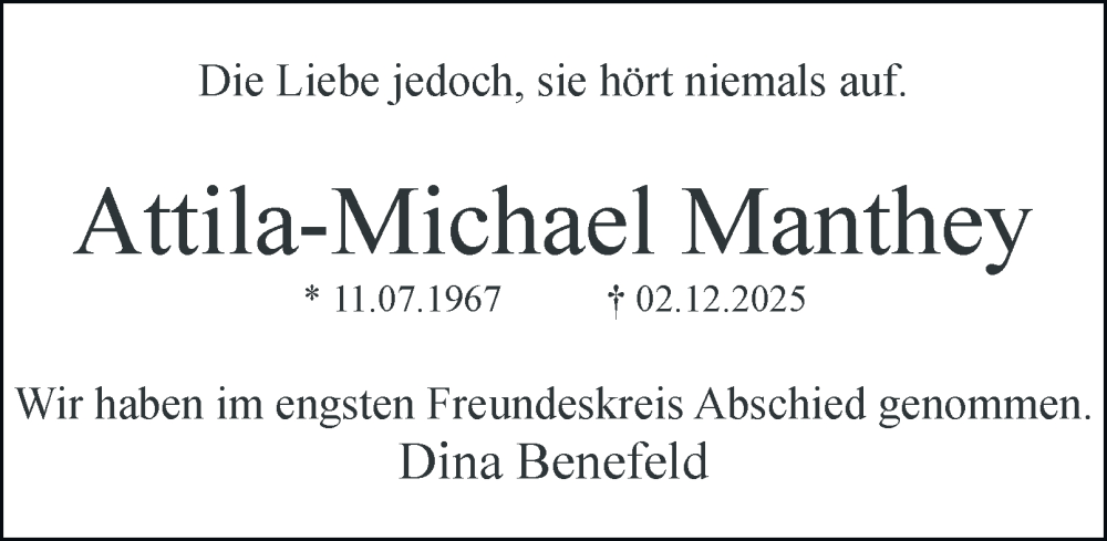  Traueranzeige für Attila-Michael Manthey vom 20.12.2025 aus Tageszeitung