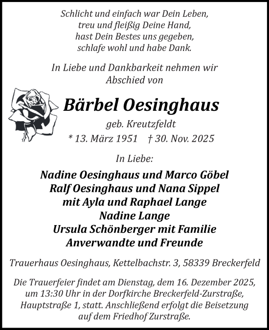 Traueranzeige von Bärbel Oesinghaus von Tageszeitung