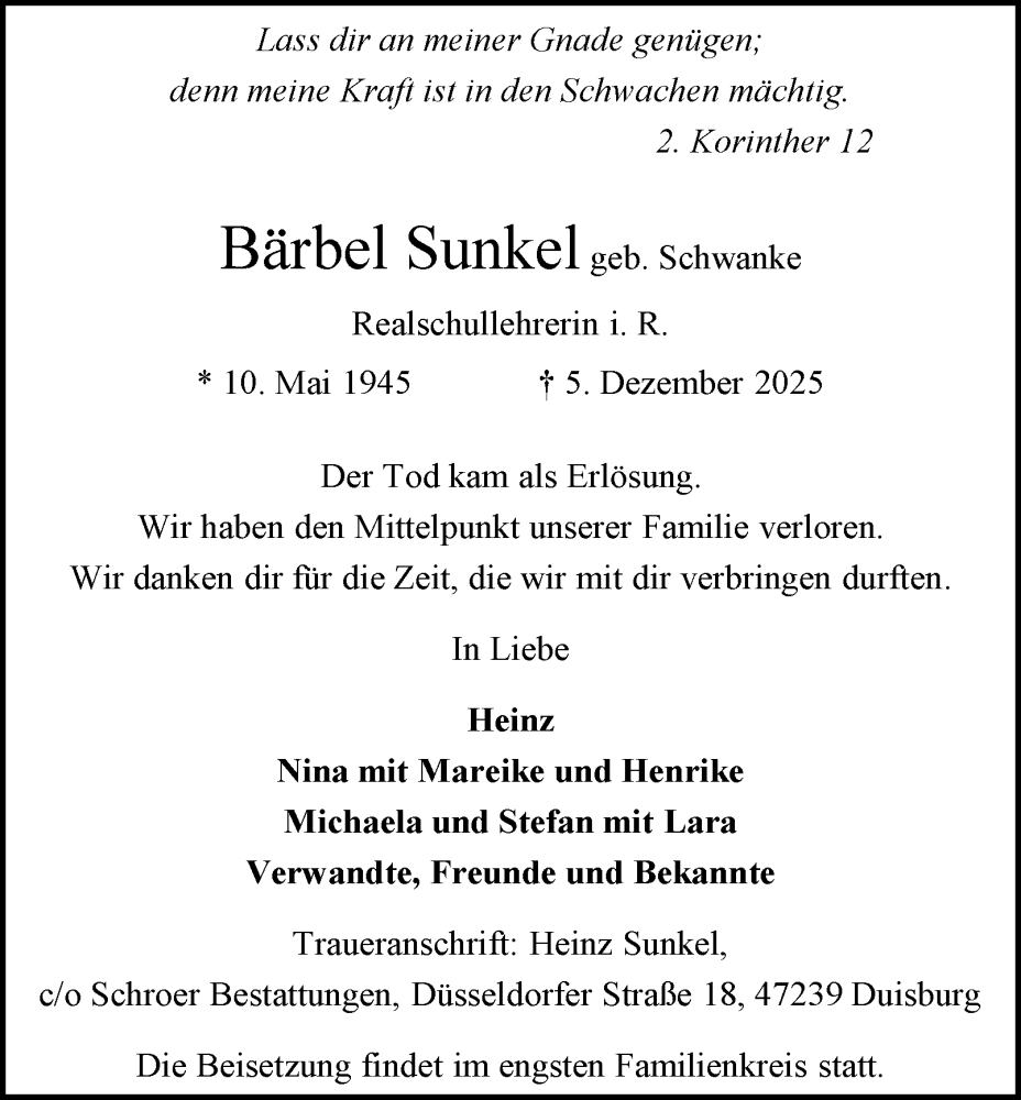  Traueranzeige für Bärbel Sunkel vom 13.12.2025 aus Tageszeitung